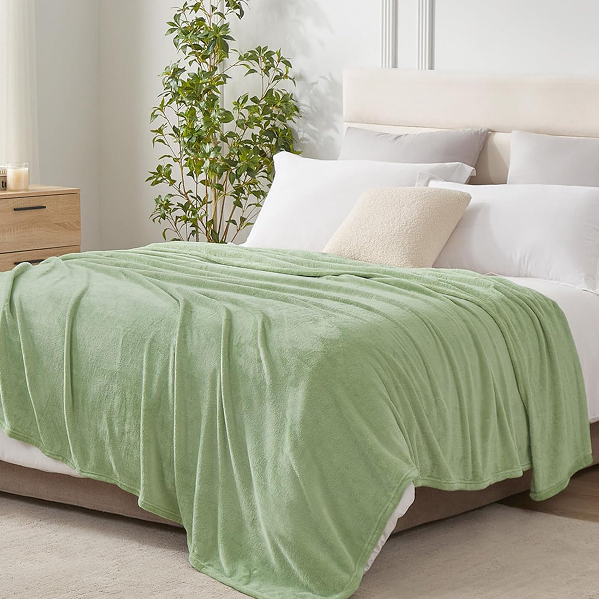 Throw Sage Green Fleece Blanket, Soft Flannel Bed Blanket
