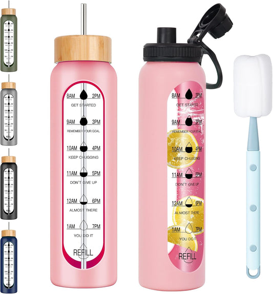 32Oz Glass Water Bottle with Time Marker, 2 Lids-Handle Spout Lid & Bamboo Straw Lid, 1 Liter Motivational Borosilicate Water Bottle for Gym, Office, Travel (Pink)