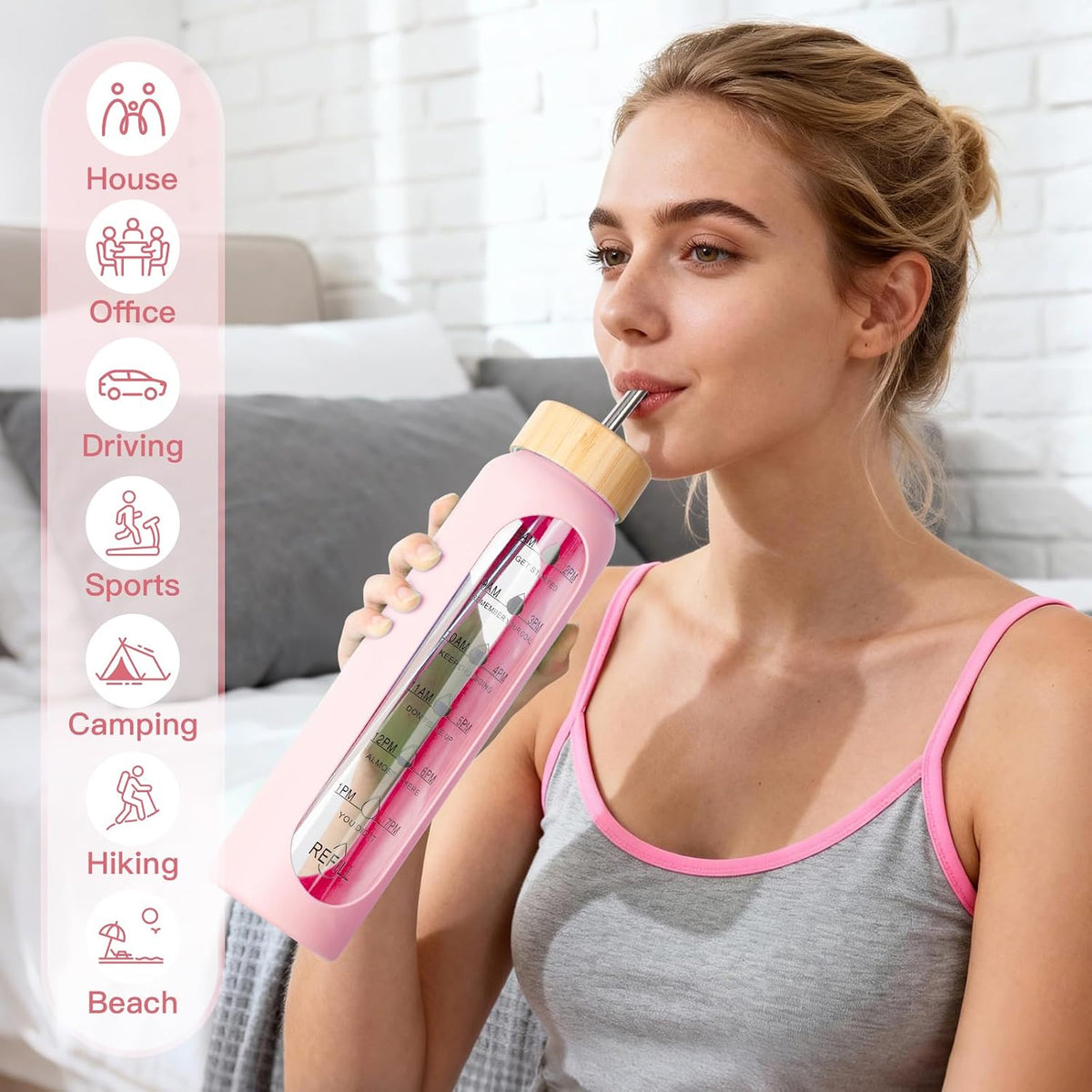 32Oz Glass Water Bottle with Time Marker, 2 Lids-Handle Spout Lid & Bamboo Straw Lid, 1 Liter Motivational Borosilicate Water Bottle for Gym, Office, Travel (Pink)