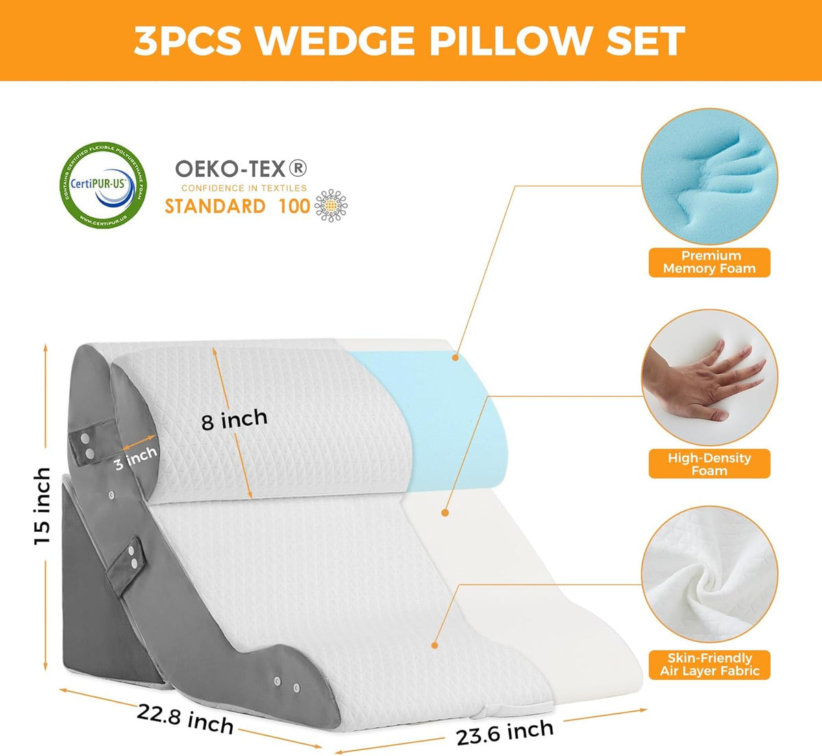 Wedge Pillow Set for after Surgery, Bed Wedge Pillow, White