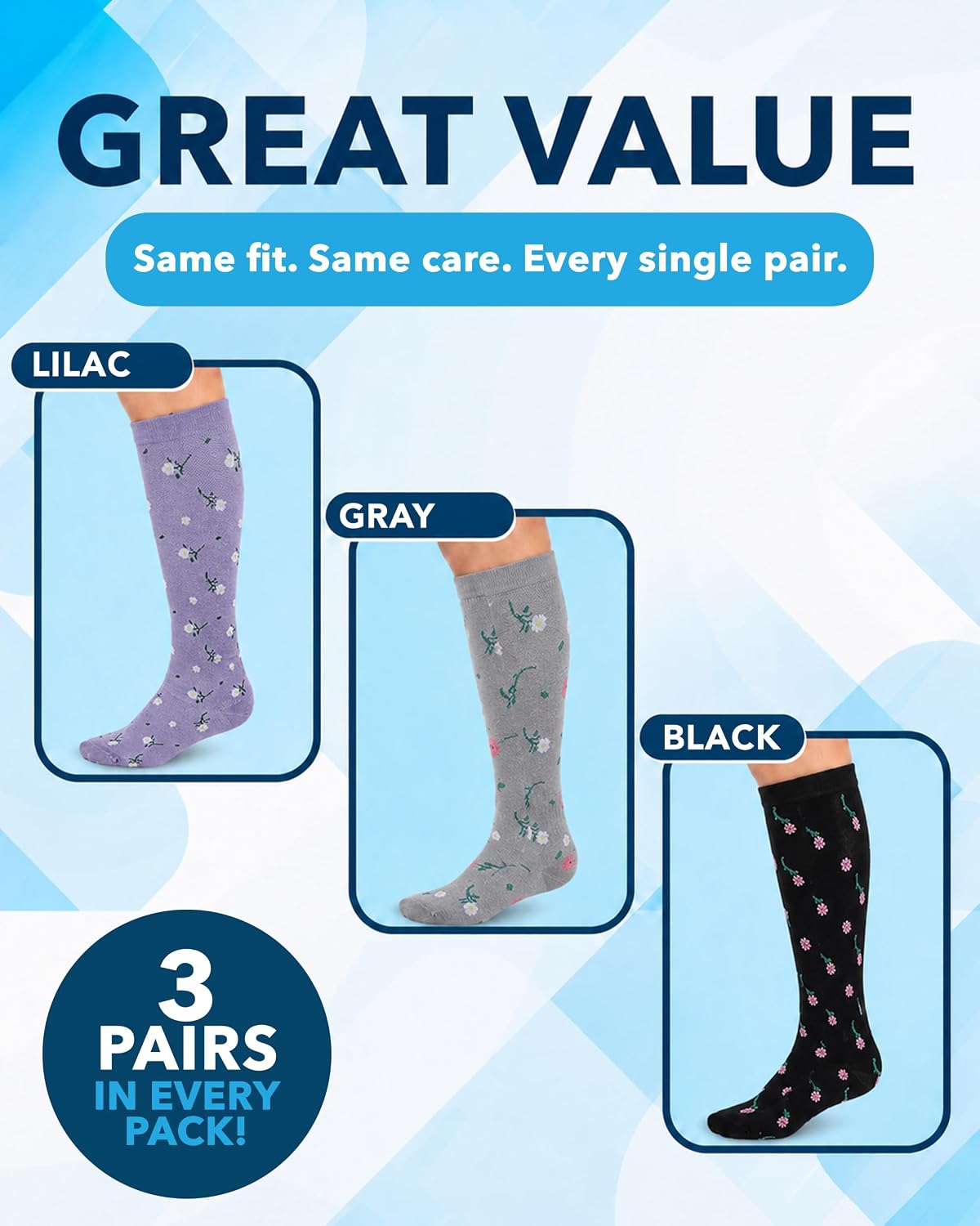 ® Bamboo Viscose Light Compression Socks for Women & Men - 3 Pairs, 8-15 Mmhg Compression Socks, Knee High