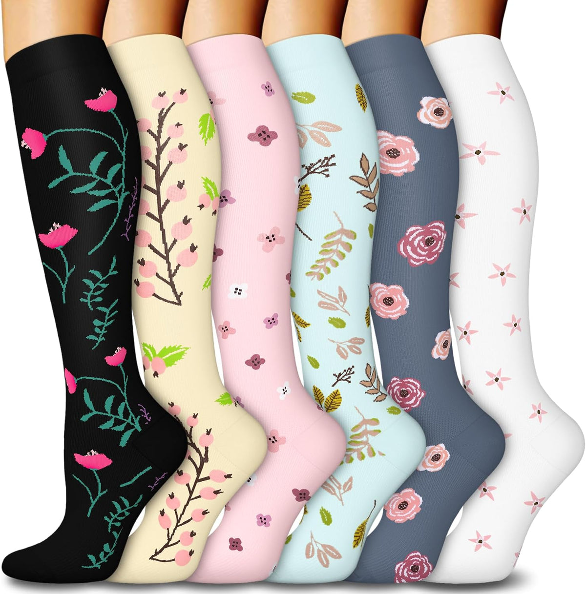 6 Pairs Compression Socks for Women & Men 15-20Mmhg Knee High Socks