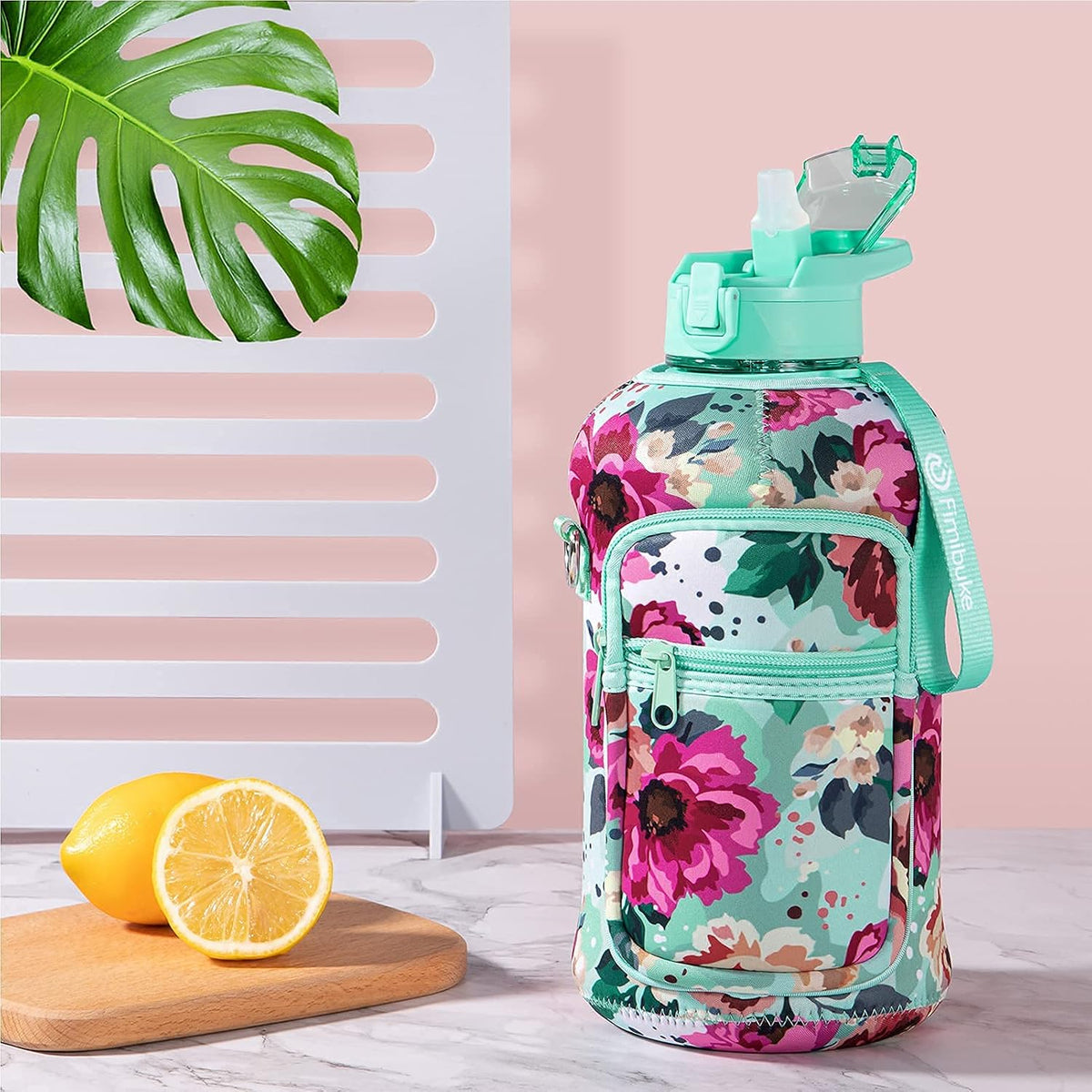 Half Gallon Water Bottle with Sleeve 64 OZ Water Bottle with Handle & Straw Leakproof Motivational Sports Gym Water Bottle with Time Marker BPA Free Water Jug with Reusable Neoprene Holder