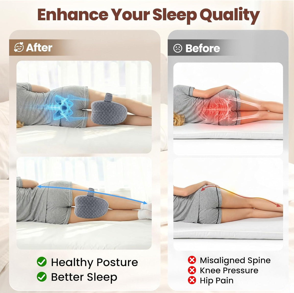 Memory Foam Knee Pillow for Side Sleepers with Strap, Gray