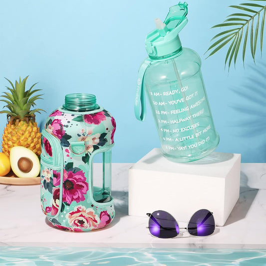 Half Gallon Water Bottle with Sleeve 64 OZ Water Bottle with Handle & Straw Leakproof Motivational Sports Gym Water Bottle with Time Marker BPA Free Water Jug with Reusable Neoprene Holder