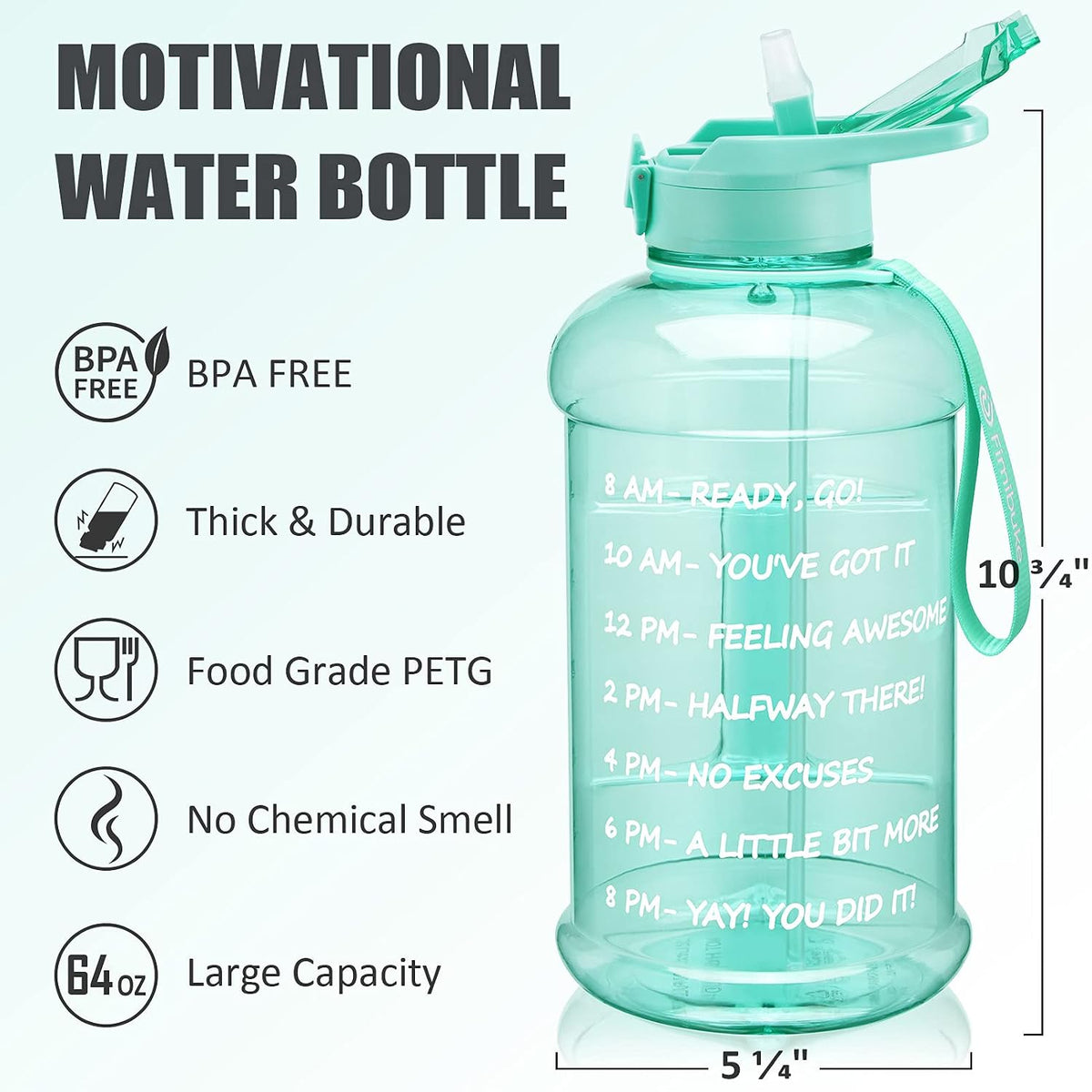 Half Gallon Water Bottle with Sleeve 64 OZ Water Bottle with Handle & Straw Leakproof Motivational Sports Gym Water Bottle with Time Marker BPA Free Water Jug with Reusable Neoprene Holder
