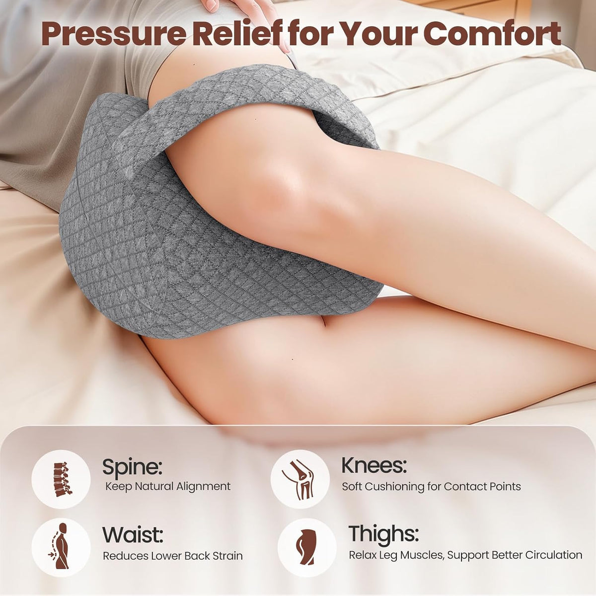 Memory Foam Knee Pillow for Side Sleepers with Strap, Gray