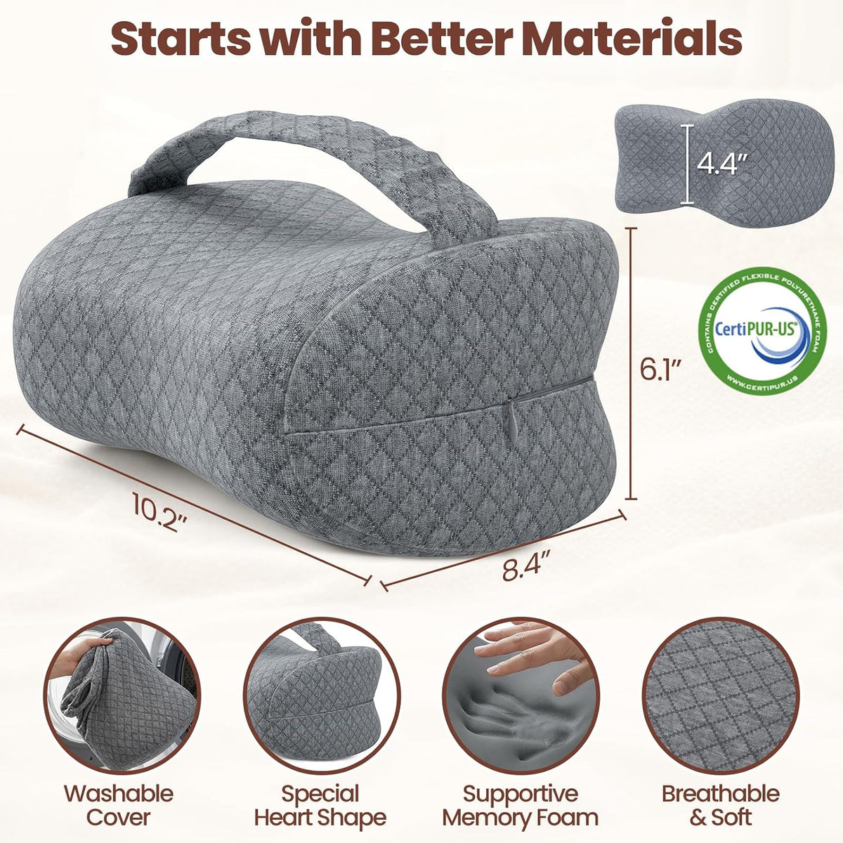 Memory Foam Knee Pillow for Side Sleepers with Strap, Gray
