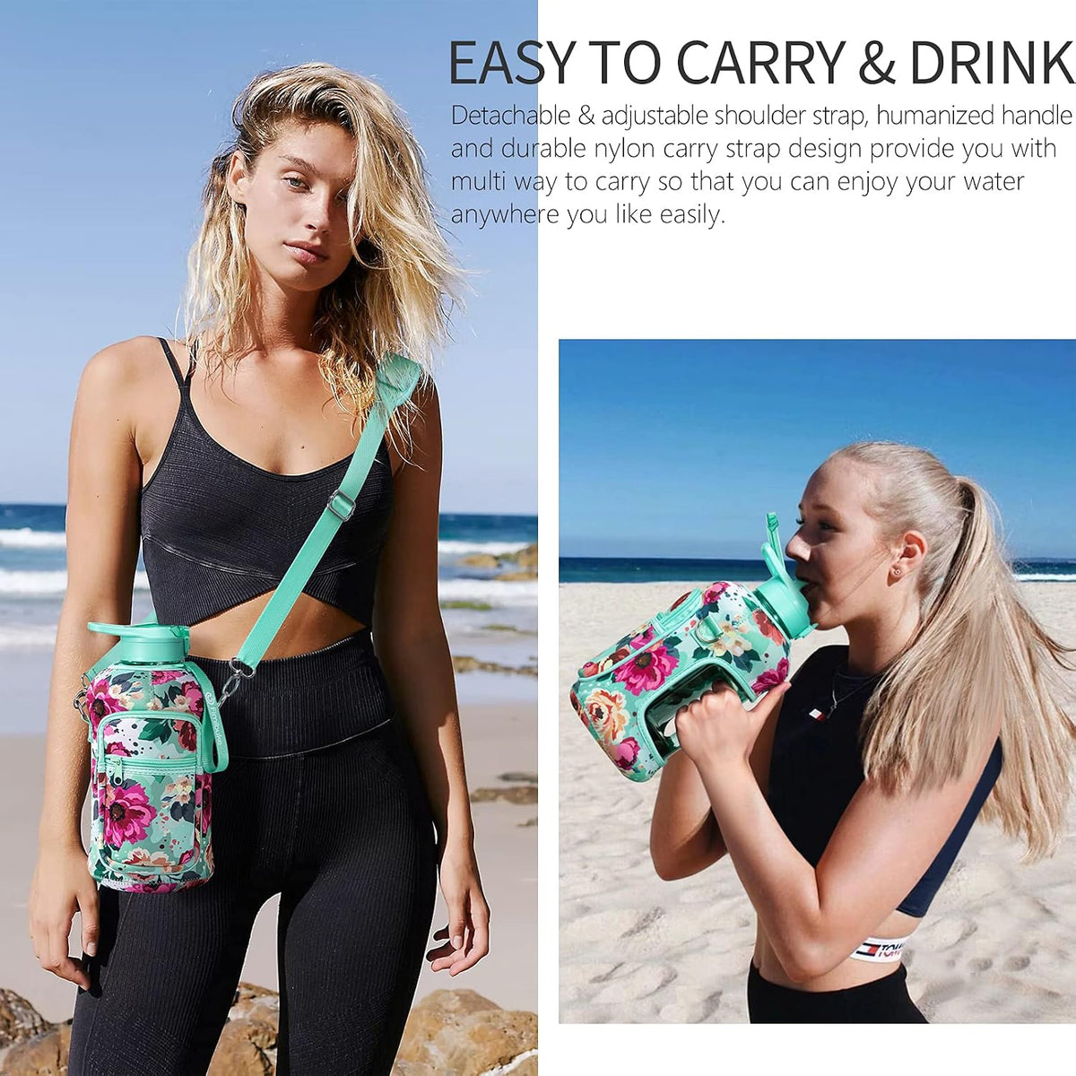 Half Gallon Water Bottle with Sleeve 64 OZ Water Bottle with Handle & Straw Leakproof Motivational Sports Gym Water Bottle with Time Marker BPA Free Water Jug with Reusable Neoprene Holder