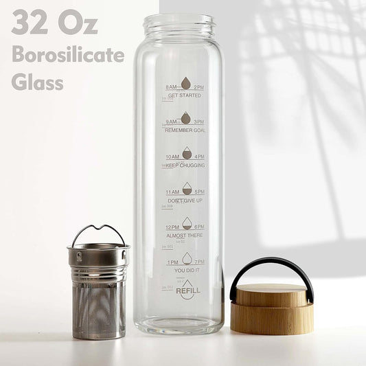 32 Oz Motivational Glass Water Bottles with Bamboo Lid Straw and Time Marker - Sports Water Bottle for Drinking