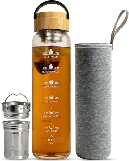 32 Oz Motivational Glass Water Bottles with Bamboo Lid Straw and Time Marker - Sports Water Bottle for Drinking
