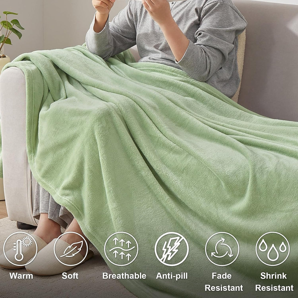 Throw Sage Green Fleece Blanket, Soft Flannel Bed Blanket