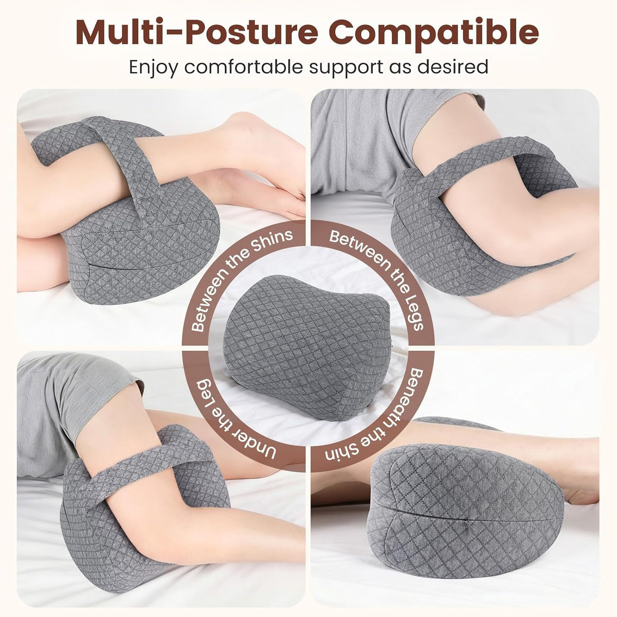 Memory Foam Knee Pillow for Side Sleepers with Strap, Gray