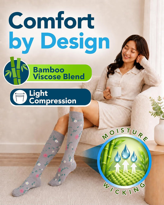 ® Bamboo Viscose Light Compression Socks for Women & Men - 3 Pairs, 8-15 Mmhg Compression Socks, Knee High