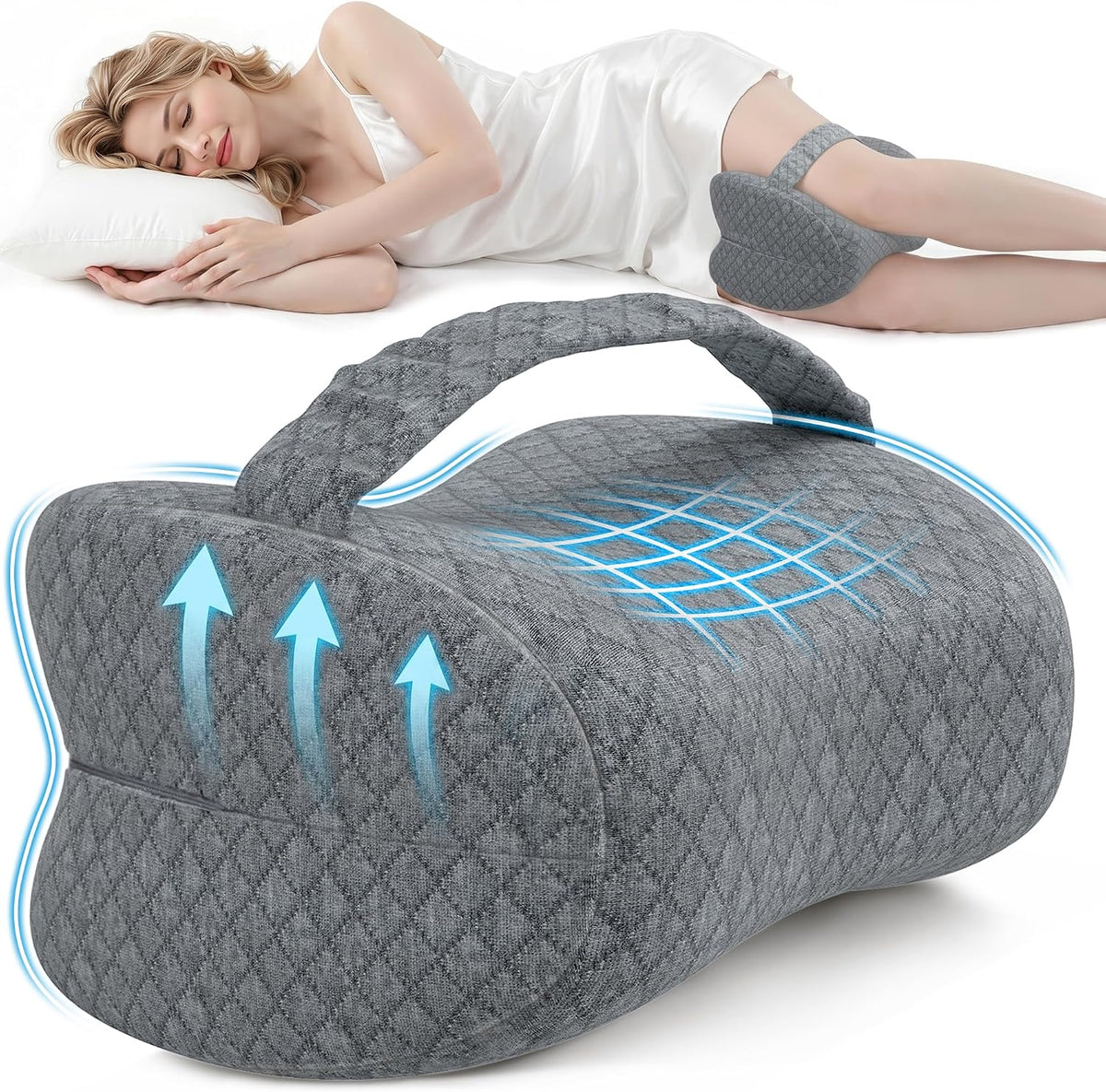 Memory Foam Knee Pillow for Side Sleepers with Strap, Gray