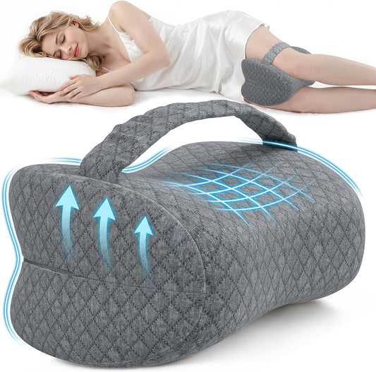Memory Foam Knee Pillow for Side Sleepers with Strap, Gray