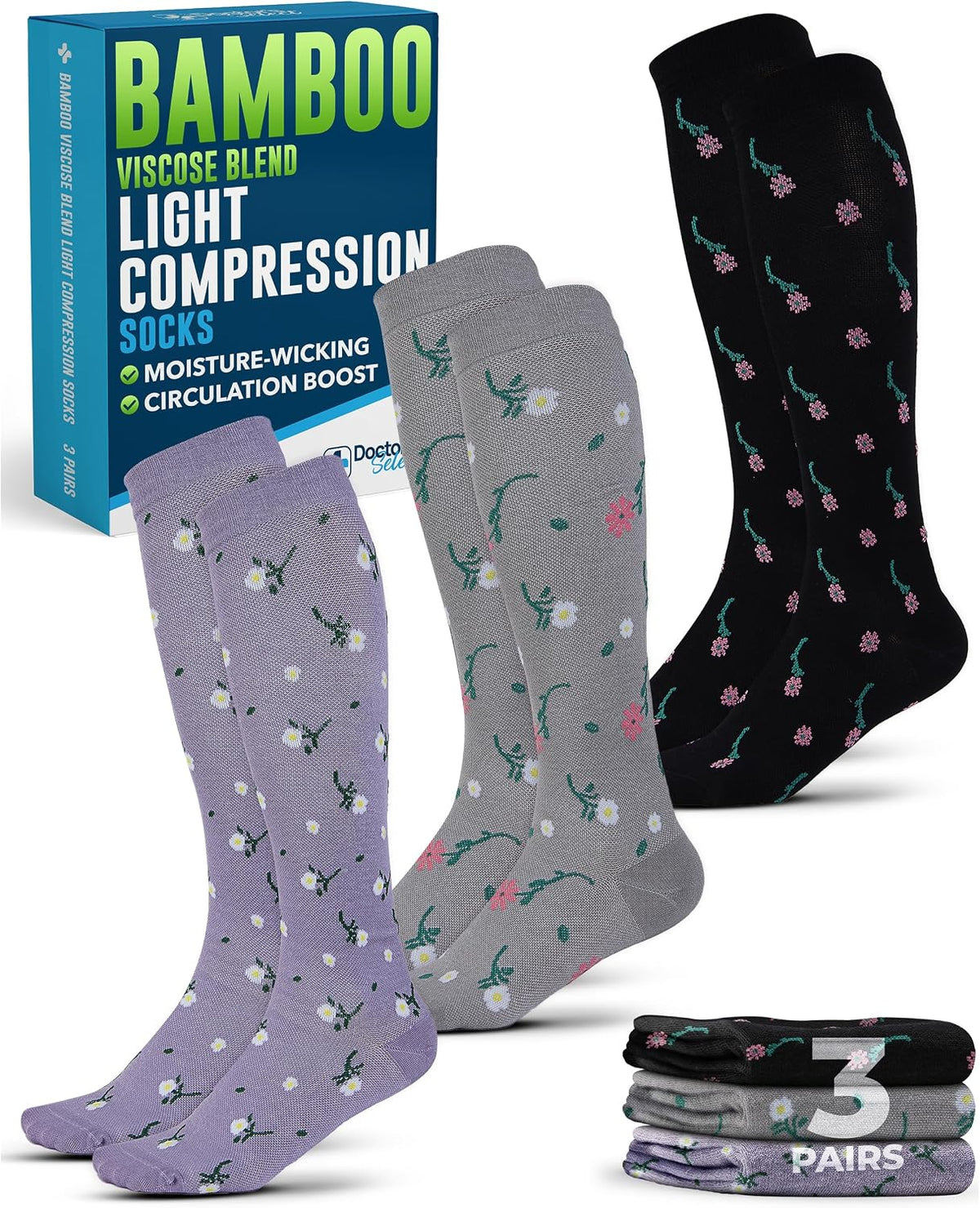 ® Bamboo Viscose Light Compression Socks for Women & Men - 3 Pairs, 8-15 Mmhg Compression Socks, Knee High
