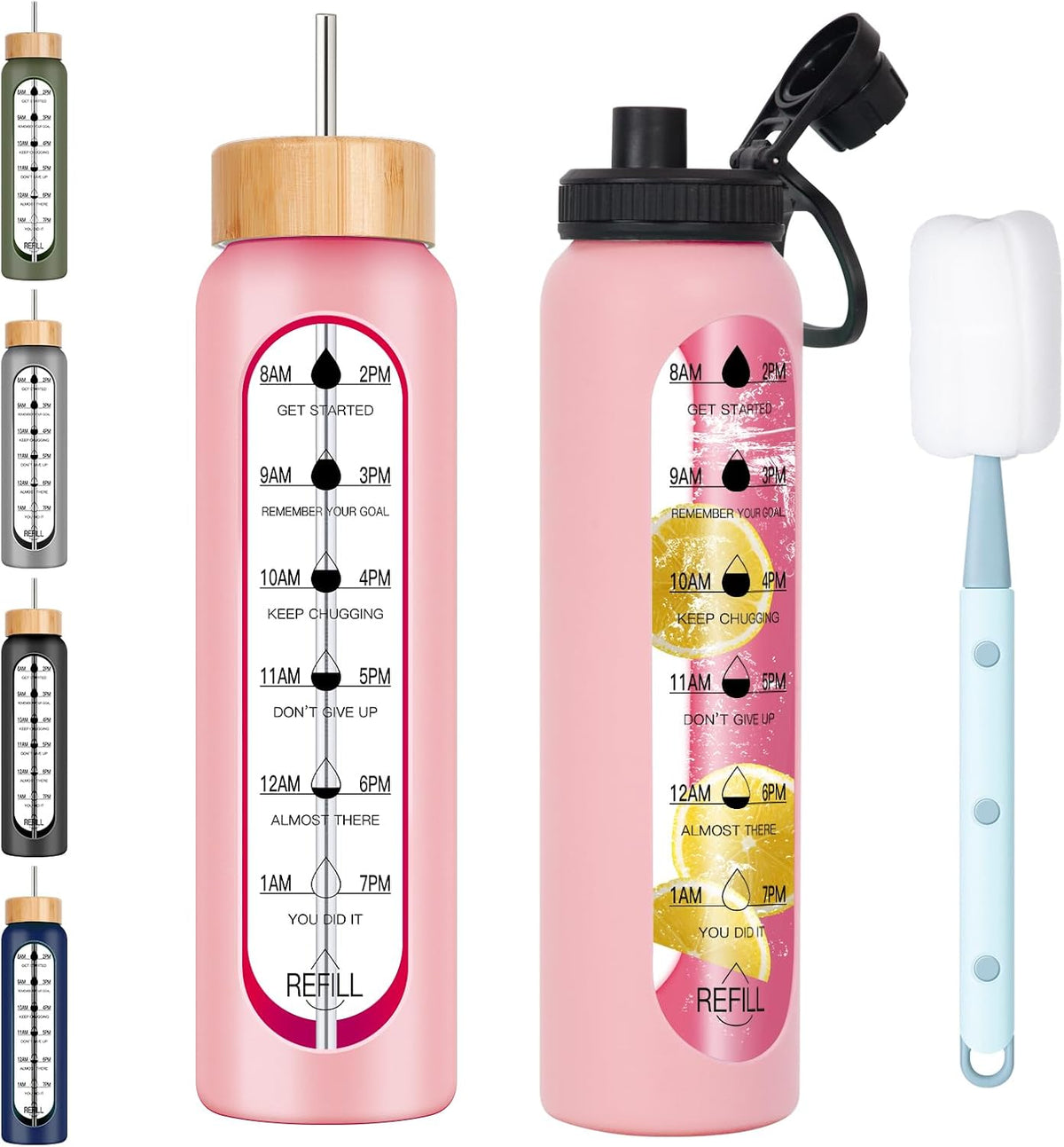 32Oz Glass Water Bottle with Time Marker, 2 Lids-Handle Spout Lid & Bamboo Straw Lid, 1 Liter Motivational Borosilicate Water Bottle for Gym, Office, Travel (Pink)